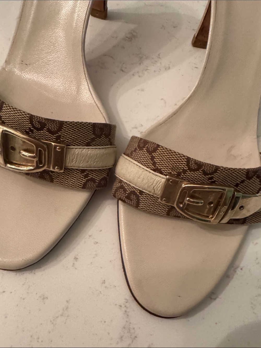 Gucci Beige Monogram Mule Sandals with Gold Buckle Accent 8 1/2 - Picture 2 of 6